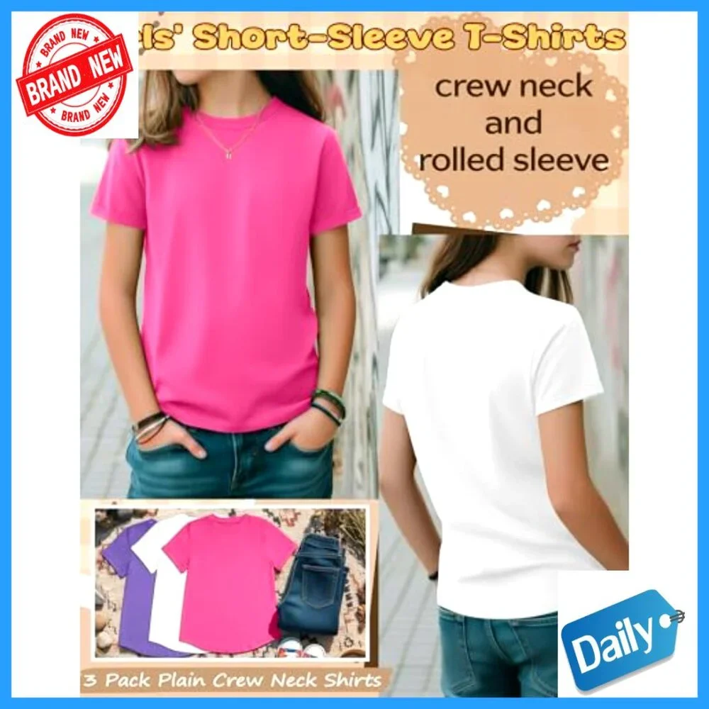 Girls 3 Pack Short Sleeve Tees Crewneck Rolled Cuffs Basic Tops 5-14Y